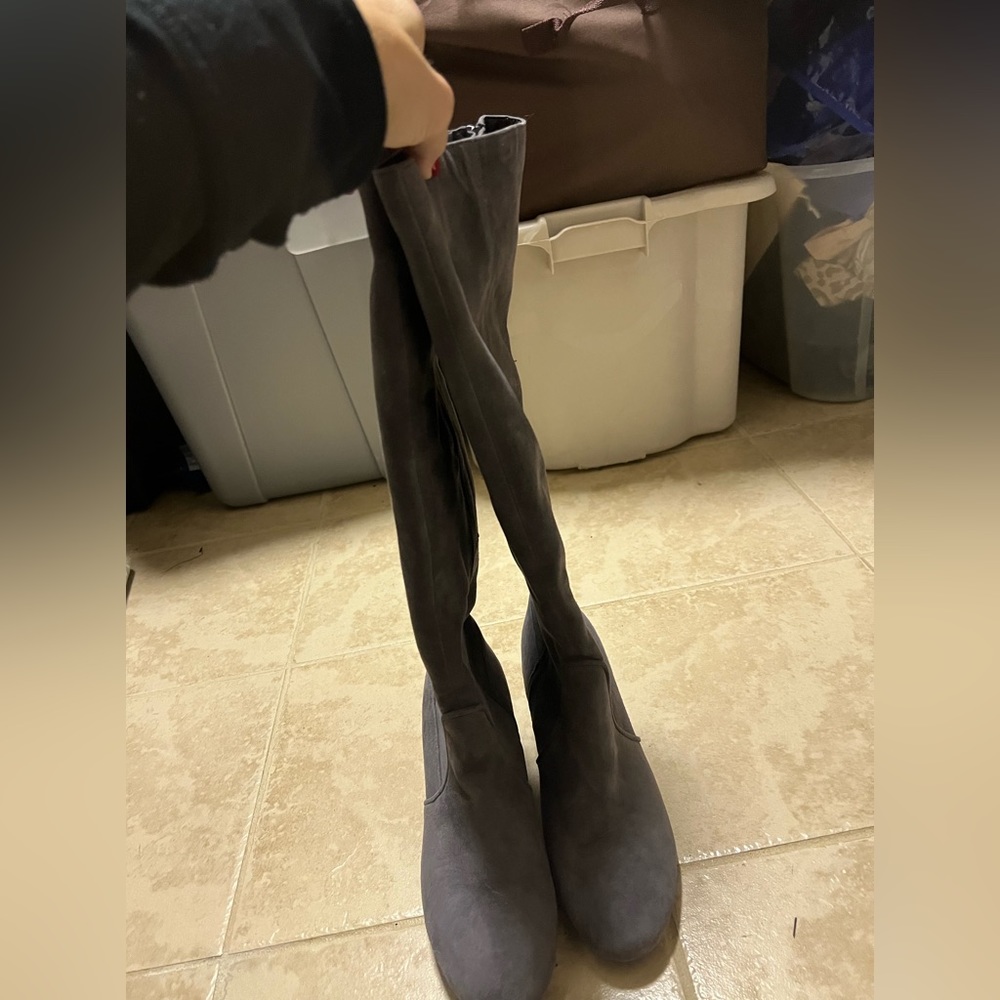 High suede grey low heel boots